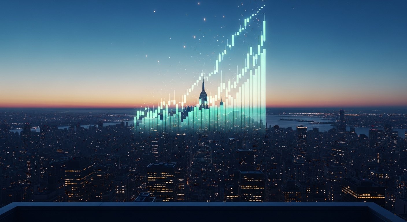 City skyline at dusk with a translucent green crypto chart rising over the buildings