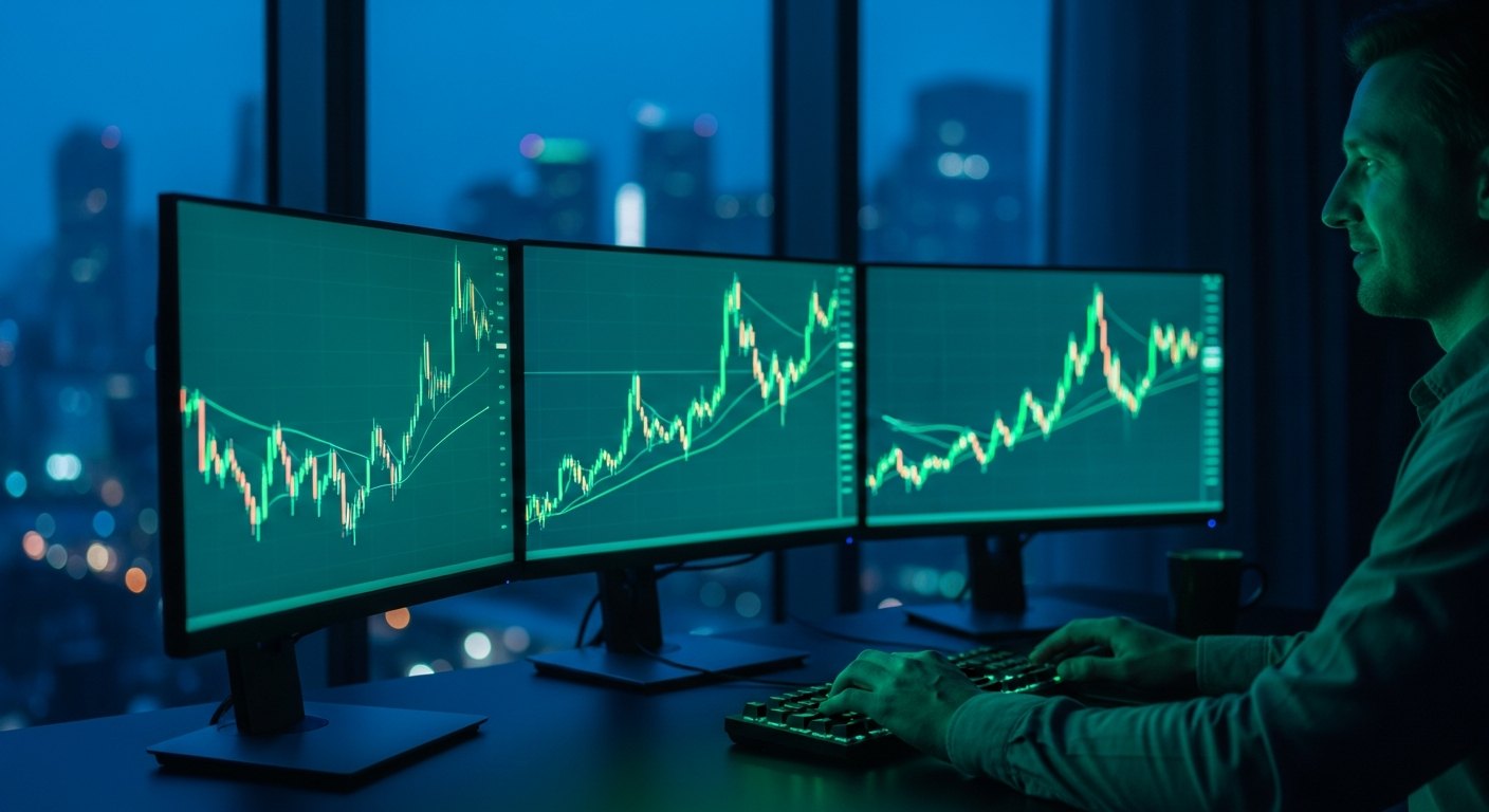 Solo trader at a multi-monitor desk, late evening, green candle charts climbing