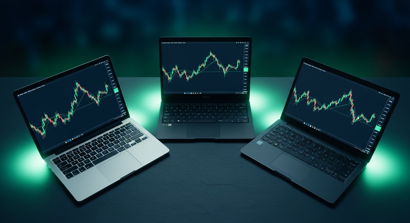 Mac, Linux, Windows laptops all running OneTickTrading with the same green candle chart